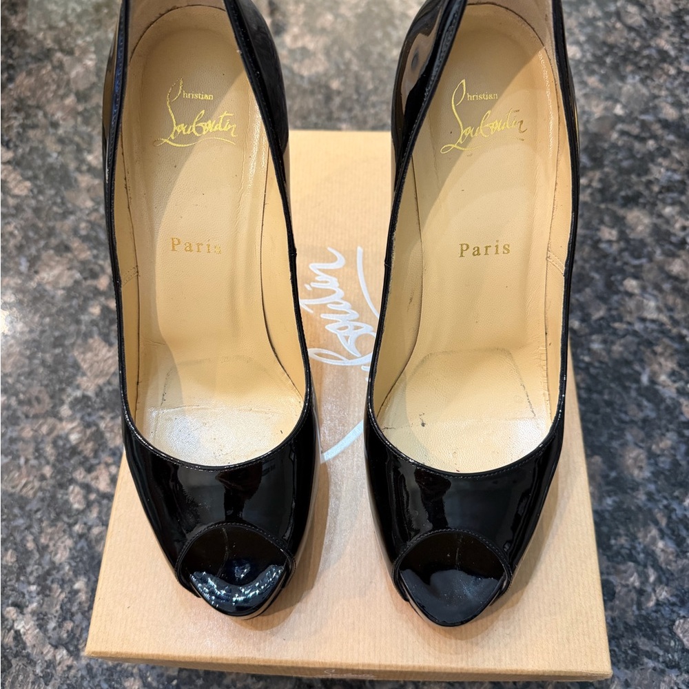 Christian Louboutin Black Patent Peep-Toe Pumps